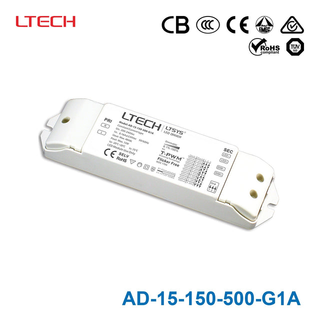 LTECH AD-15-150-500-G1A 13W 24VDC CC 0/1-10V LED Driver - Selectable Output - AD-15-150-500-G1A - powersupplymall.com