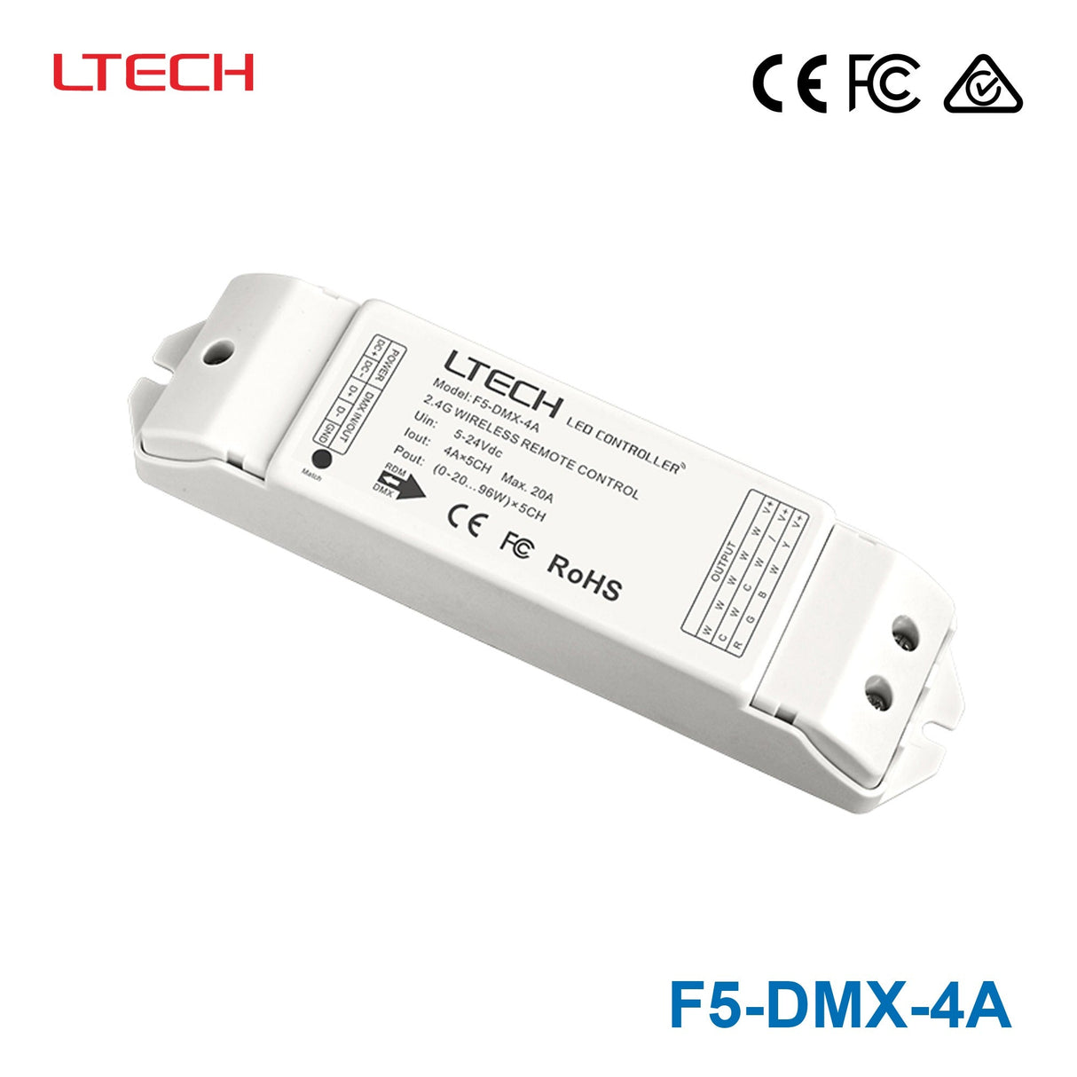 Ltech F5 - DMX - 4A Wireless RF Constant Voltage Controller - 5 Channel - F5-DMX-4A - powersupplymall.com
