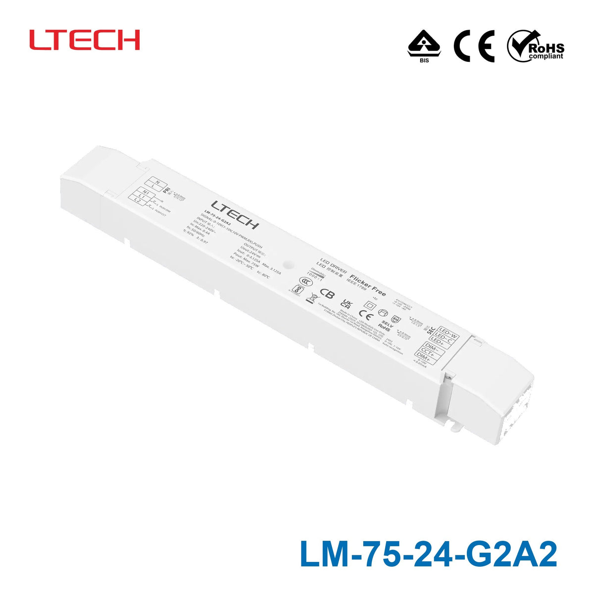 Ltech LM-75-24-G2A2 75W 24VDC CV LED Driver - 0/1-10Vdimmable 3.125A - LM-75-24-G2A2 - powersupplymall.com