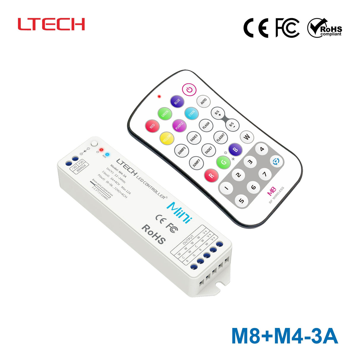 Ltech M8+M4 - 3A Mini Controller with RF Remote - RGBW - M8+M4-3A - powersupplymall.com