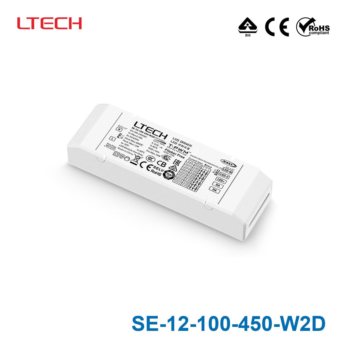 LTECH SE - 12 - 100 - 450 - W2D 12W 100mA ~ 450mA CC DALI - 2 Tunable White LED Driver - SE-12-100-450-W2D - powersupplymall.com