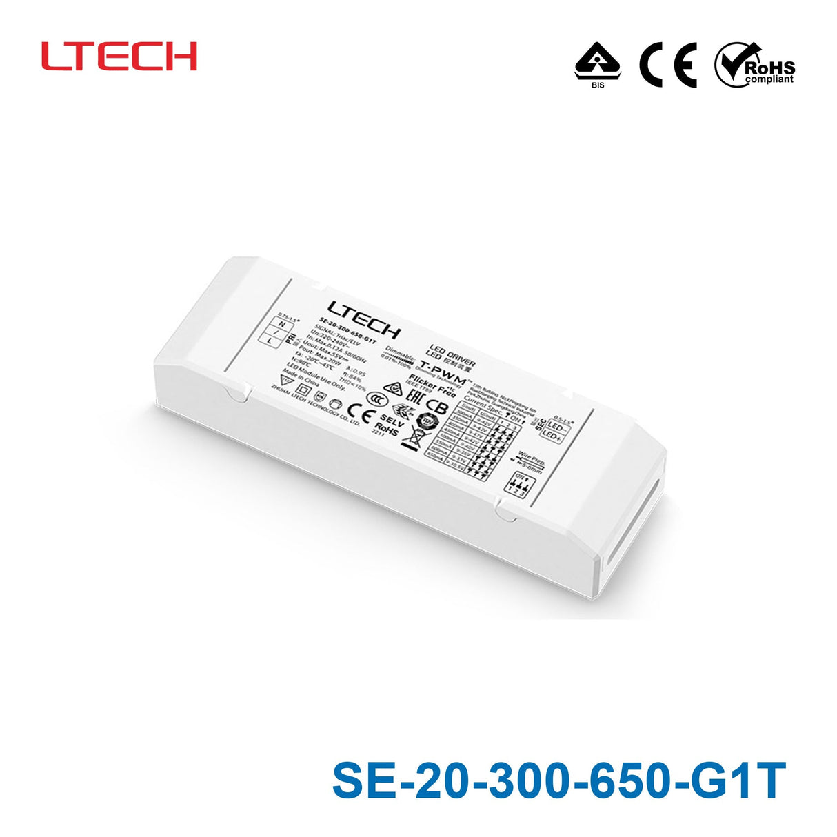 LTECH SE - 20 - 300 - 650 - G1T 12W 350mA ~ 650mA CC Triac LED Driver - SE-20-300-650-G1T - powersupplymall.com