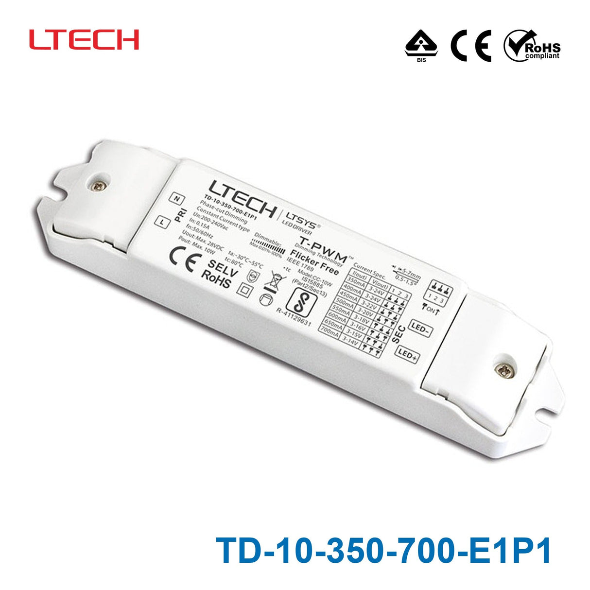 Ltech TD-10-350-700-E1P1 10W 350mA ~ 700mA CC Triac LED Driver - Selectable Output - TD-10-350-700-E1P1 - powersupplymall.com