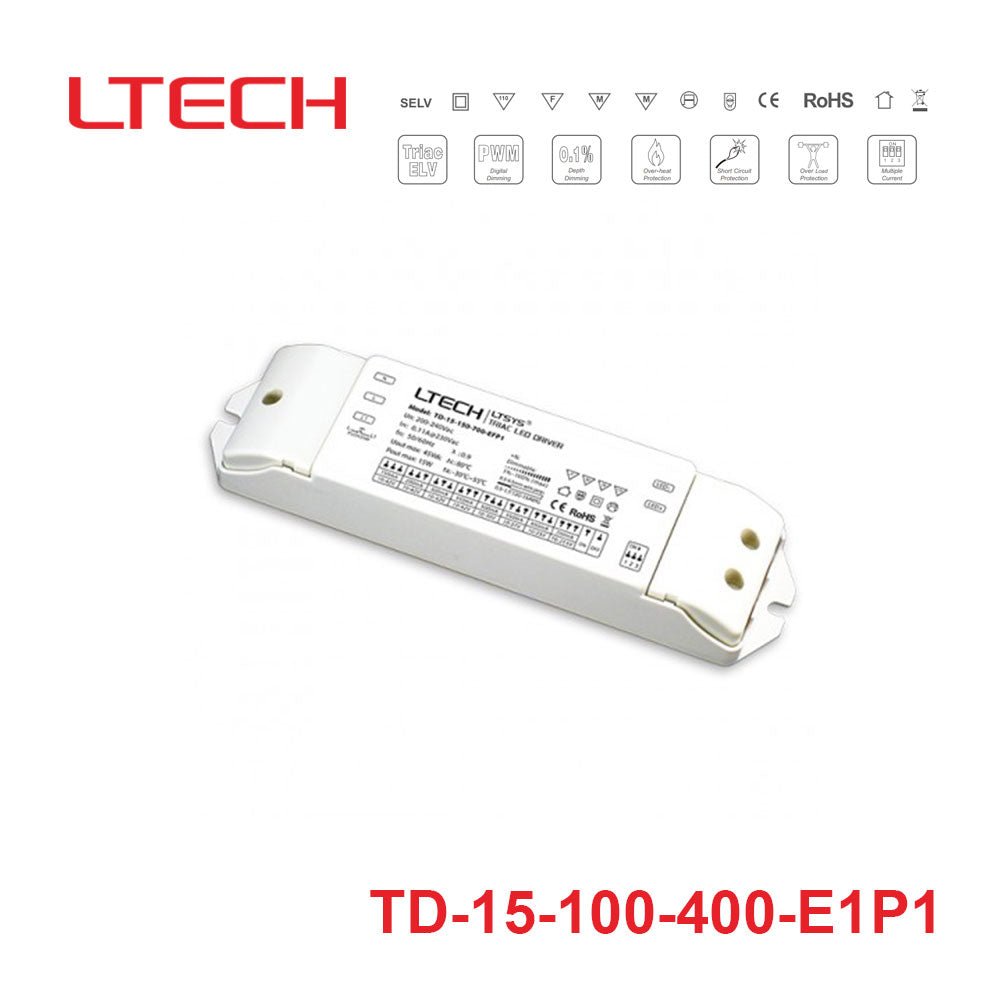 LTECH TD - 15 - 100 - 400 - E1P1 15W 100mA ~ 400mA CC Triac LED Driver - Selectable Output - TD-15-100-400-E1P1 - powersupplymall.com