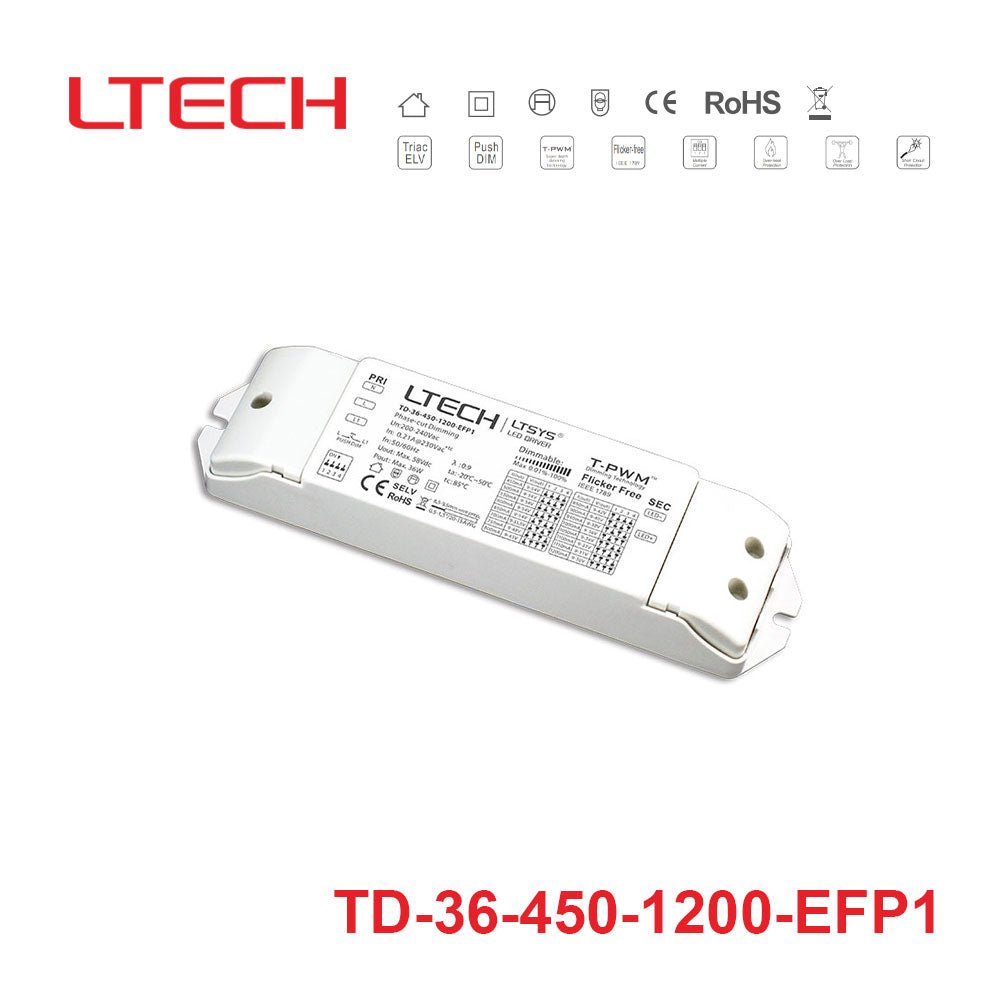 LTECH TD - 36 - 450 - 1200 - EFP1 36W 450~1200mA CC Triac LED Driver - Selectable Output - TD-36-450-1200-EFP1 - powersupplymall.com