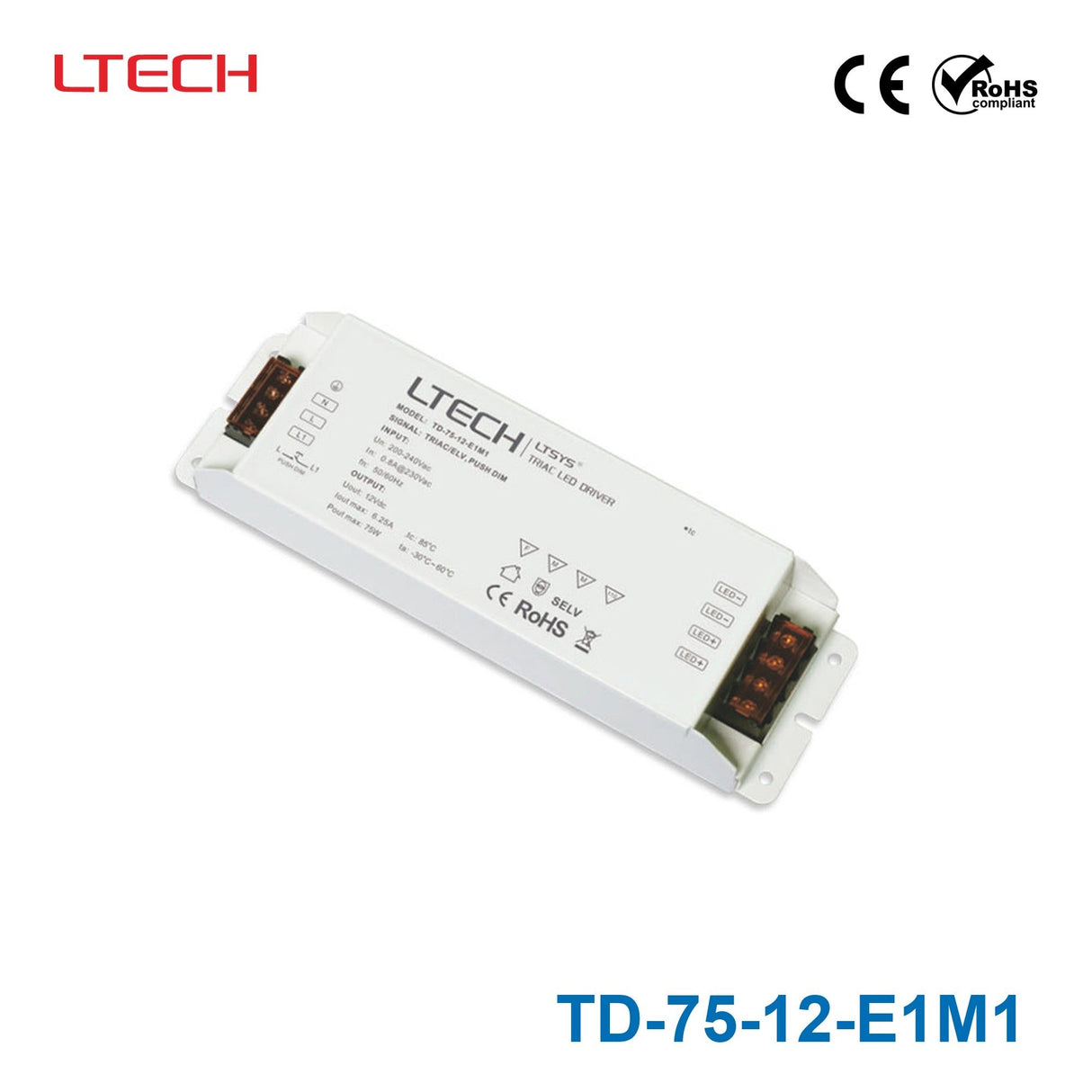 LTECH TD-75-12-E1M1 75W 12VDC CV Triac Driver 6.25A - TD-75-12-E1M1 - powersupplymall.com
