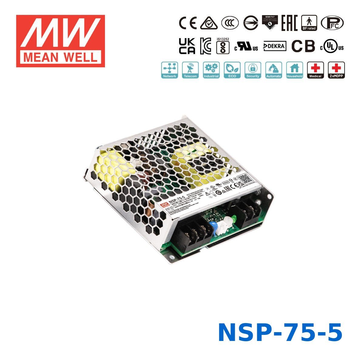 Mean Well 75W High Reliable Multi-Industries Power Supply 5V 15A - NSP-75-5 - powersupplymall.com