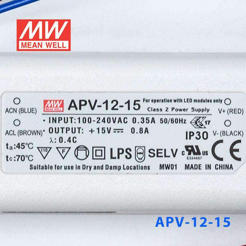 Mean Well APV - 12 - 15 Power Supply 12W 15V - APV - 12 - 15 - powersupplymall.com