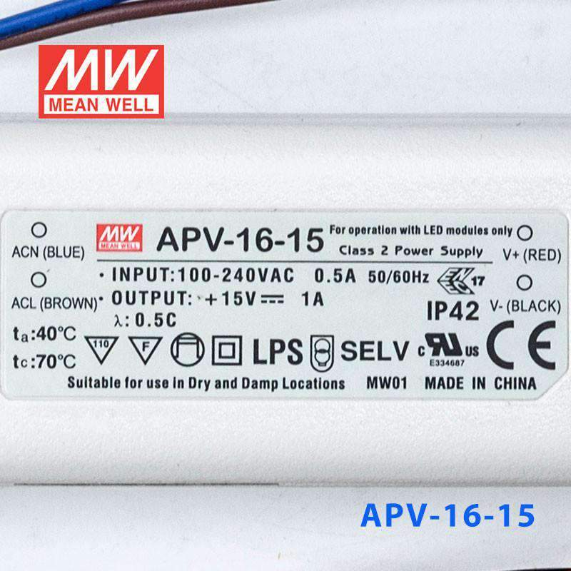 Mean Well APV - 16 - 15 Power Supply 15W 15V - APV - 16 - 15 - powersupplymall.com