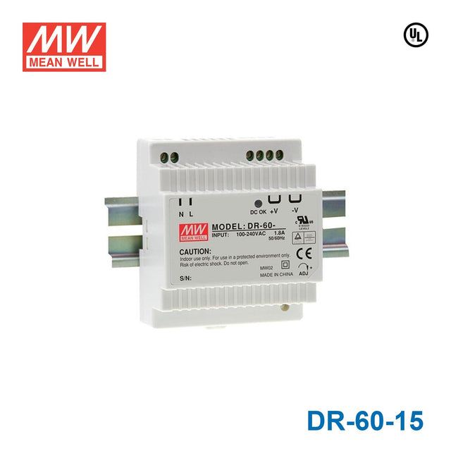 Mean Well DR-60-15 DIN Series Switching Power Supply 4A - DR-60-15 - powersupplymall.com