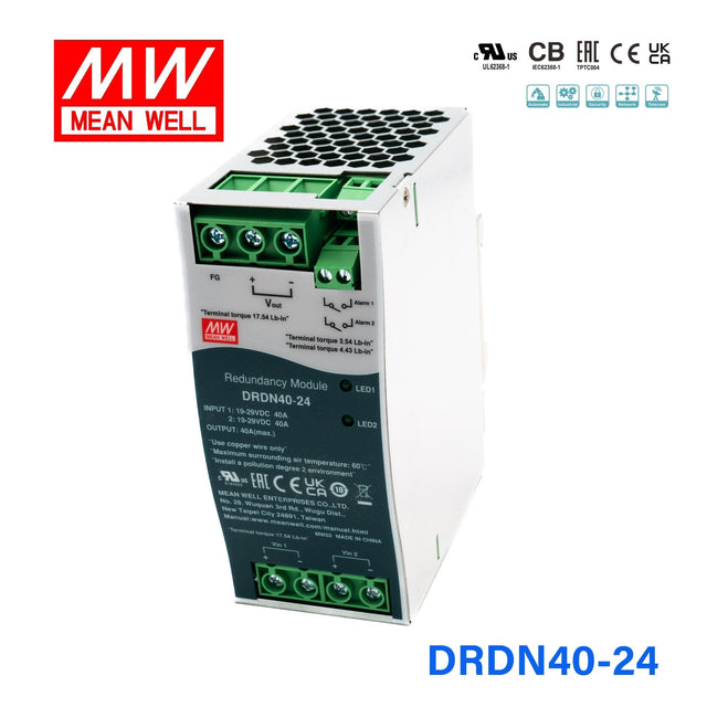 Mean Well DRDN40 - 24 Redundancy Module Power Supply 40A - DIN Rail - DRDN40 - 24 - powersupplymall.com