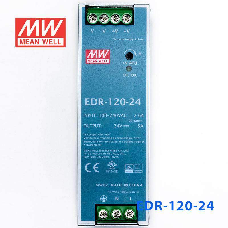 Mean Well EDR - 120 - 24 Single Output Industrial Power Supply 120W 24V - DIN Rail - EDR - 120 - 24 - powersupplymall.com