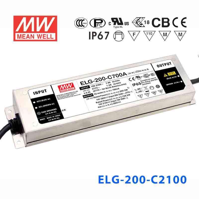 Mean Well ELG - 200 - C2100AB Power Supply 200W 2100mA - Adjustable and Dimmable - ELG - 200 - C2100AB - powersupplymall.com