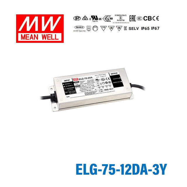 Mean Well ELG-75-12DA Power Supply 60W 12V 3-wire Input - DALI 5A - ELG-75-12DA-3Y - powersupplymall.com