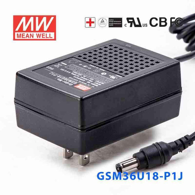 Mean Well GSM36U18 - P1J Power Supply 36W 18V - GSM36U18 - P1J - powersupplymall.com