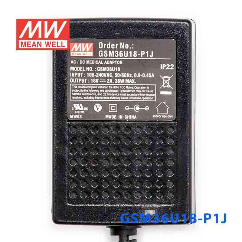 Mean Well GSM36U18 - P1J Power Supply 36W 18V - GSM36U18 - P1J - powersupplymall.com