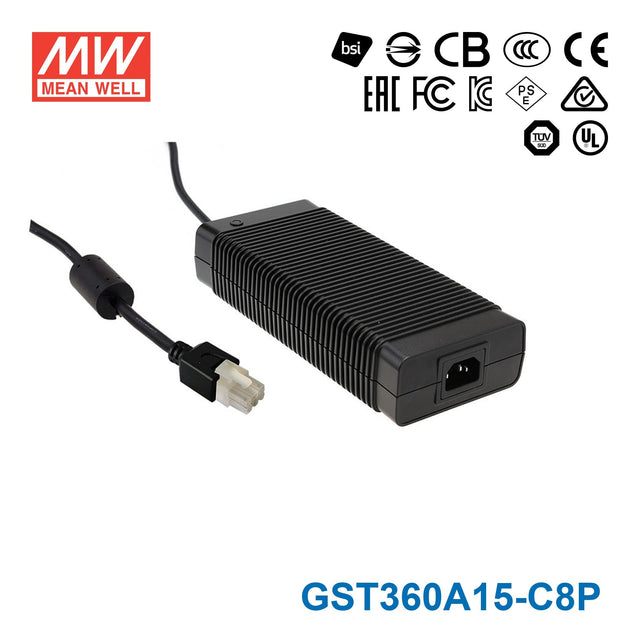 Mean Well GST360A15-C8P AC-DC Industrial Adaptor 340.5W 15V With 8 Pin Connector 22.7A - GST360A15-C8P - powersupplymall.com