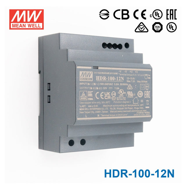 Mean Well HDR-100-12N Ultra Slim Step Shape Power Supply 100W 12V 7.5A - DIN Rail - HDR-100-12N - powersupplymall.com