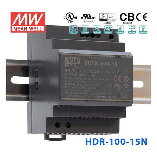 Mean Well HDR - 100 - 15N Ultra Slim Step Shape Power Supply 100W 15V - DIN Rail - HDR - 100 - 15N - powersupplymall.com