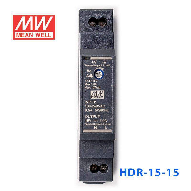 Mean Well HDR-15-15 Ultra Slim Step Shape Power Supply 15W 15V 1A - DIN Rail - HDR-15-15 - powersupplymall.com