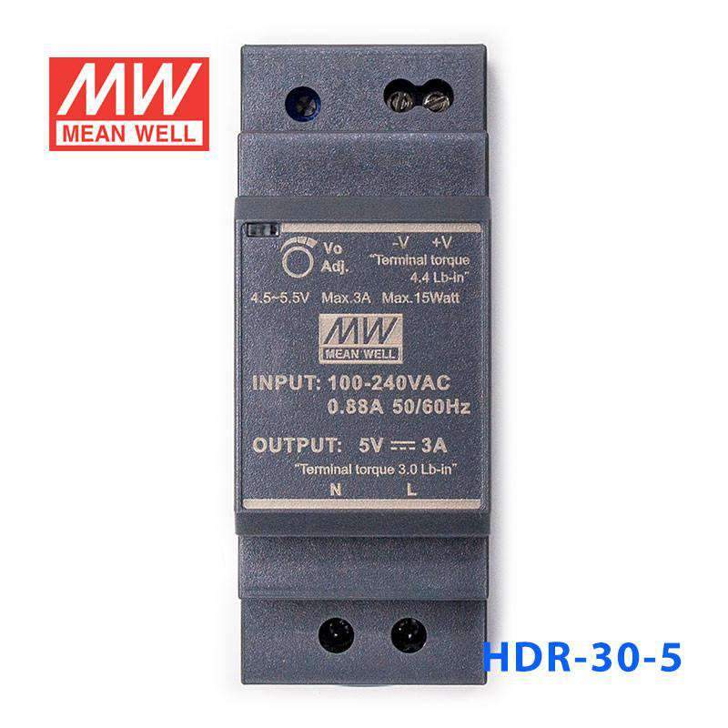 Mean Well HDR-30-5 Ultra Slim Step Shape Power Supply 15W 5V 3A - DIN Rail - HDR-30-5 - powersupplymall.com