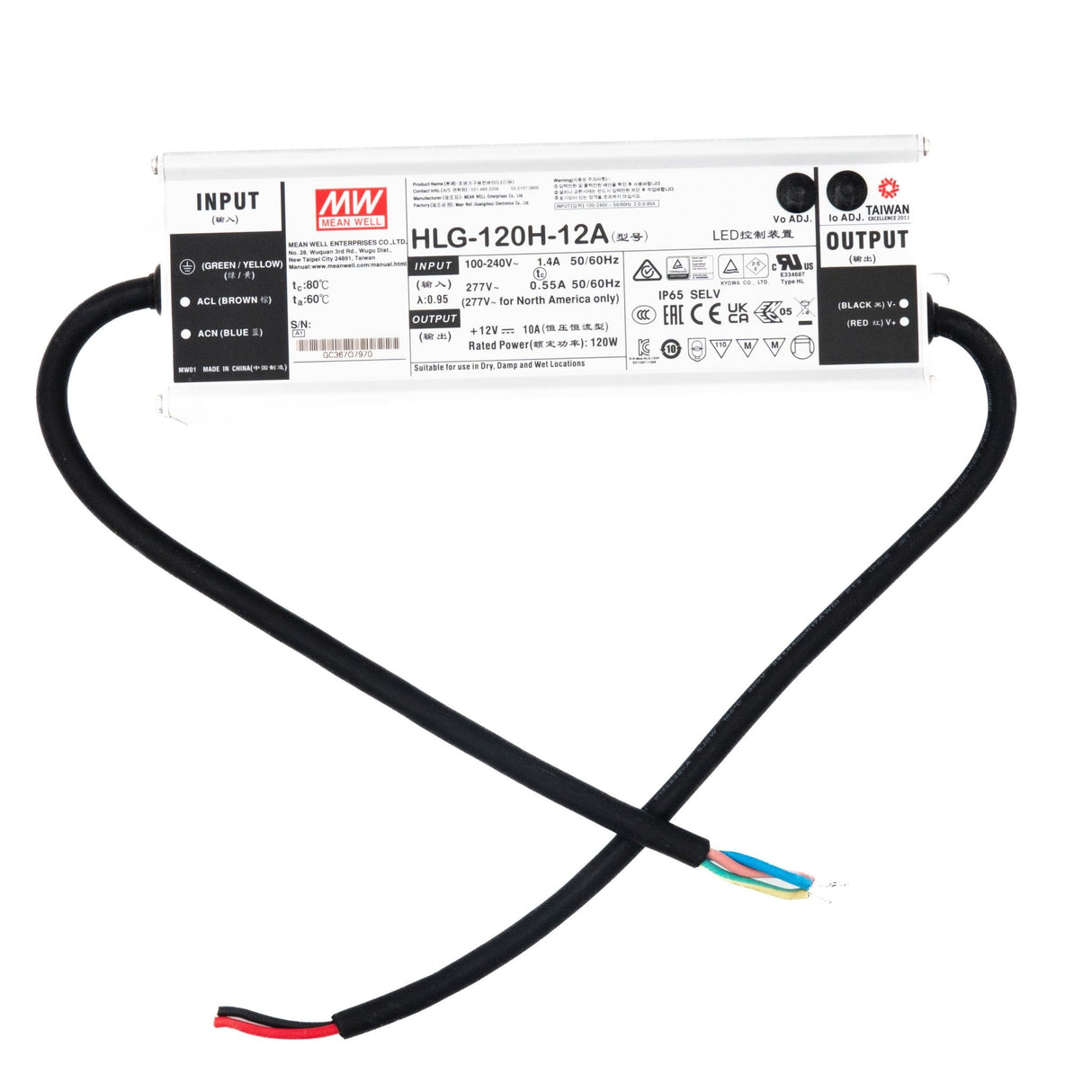 Mean Well HLG - 120H - 12A Power Supply 120W 12V - Adjustable - HLG - 120H - 12A - powersupplymall.com