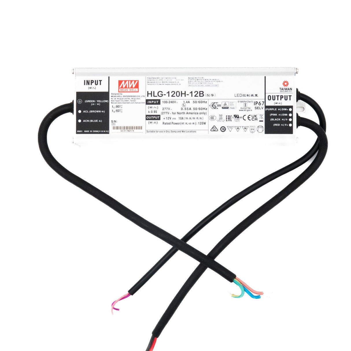 Mean Well HLG-120H-12B Power Supply 120W 12V - Dimmable 10A - HLG-120H-12B - powersupplymall.com