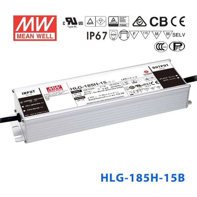 Mean Well HLG-185H-15B Power Supply 172.5W 15V - Dimmable 11.5A - HLG-185H-15B - powersupplymall.com