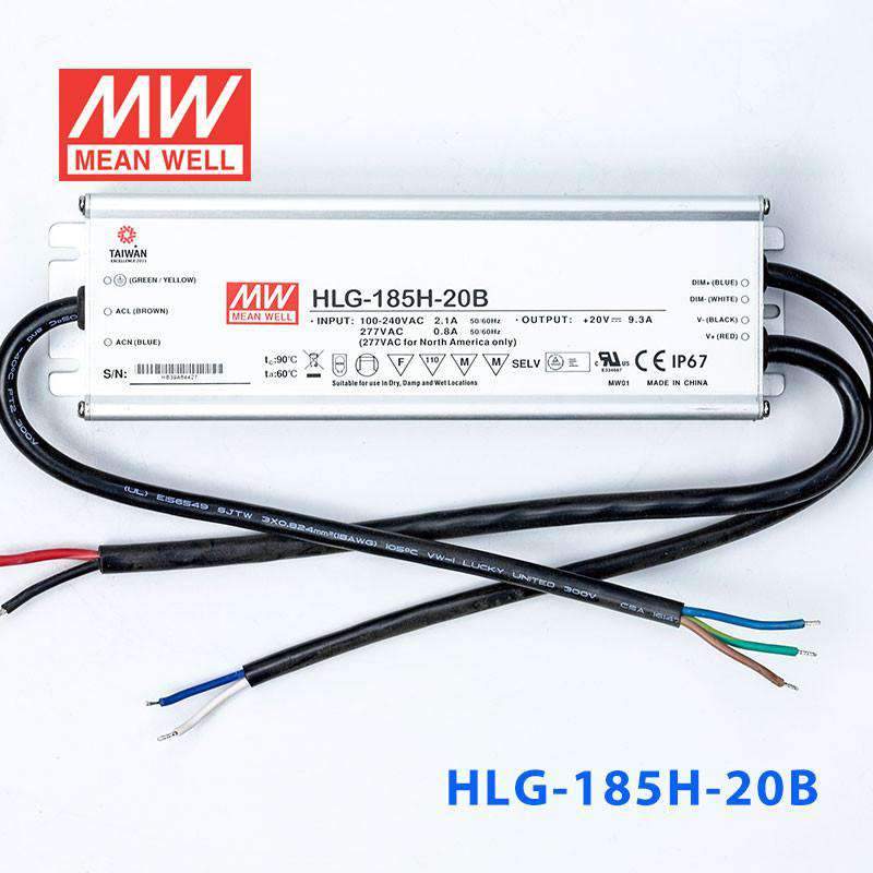 Mean Well HLG - 185H - 20B Power Supply 185W 20V - Dimmable - HLG-185H-20B - powersupplymall.com