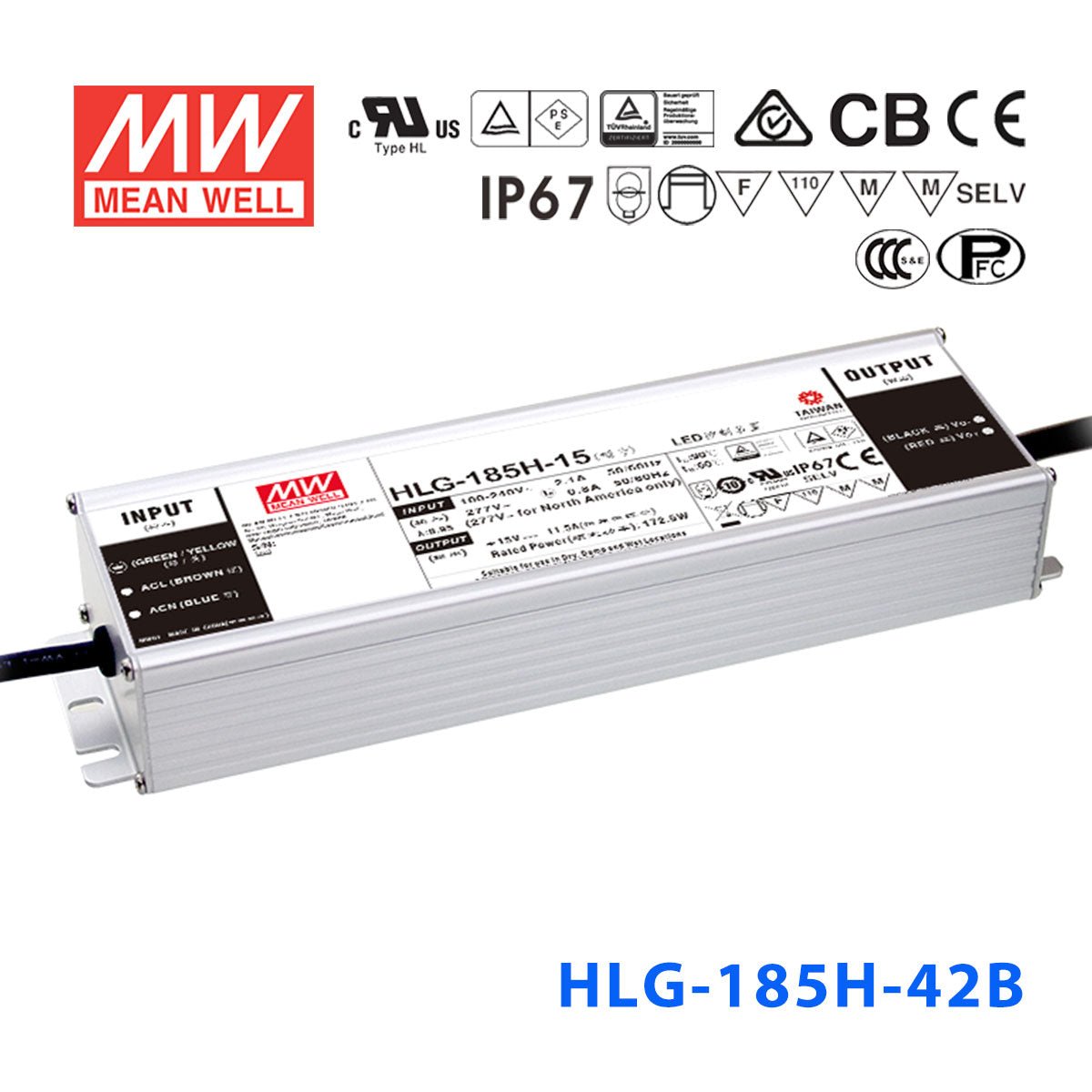 Mean Well HLG-185H-42AB Power Supply 185W 42V - Adjustable and Dimmable 4.4A - HLG-185H-42AB - powersupplymall.com