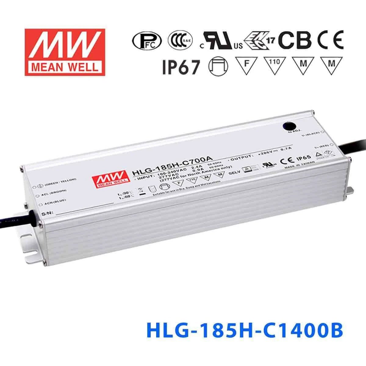 Mean Well HLG - 185H - C1400B Power Supply 200.2W 1400mA - Dimmable - HLG - 185H - C1400B - powersupplymall.com