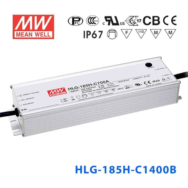 Mean Well HLG - 185H - C1400B Power Supply 200.2W 1400mA - Dimmable - HLG - 185H - C1400B - powersupplymall.com