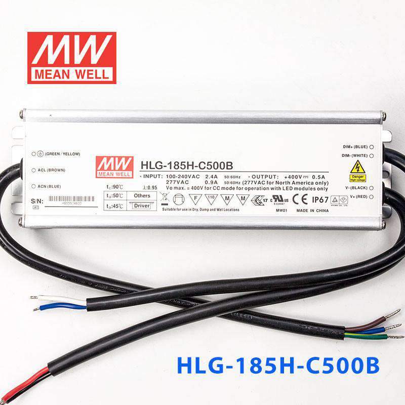 Mean Well HLG - 185H - C500B Power Supply 200W 500mA - Dimmable - HLG-185H-C500B - powersupplymall.com