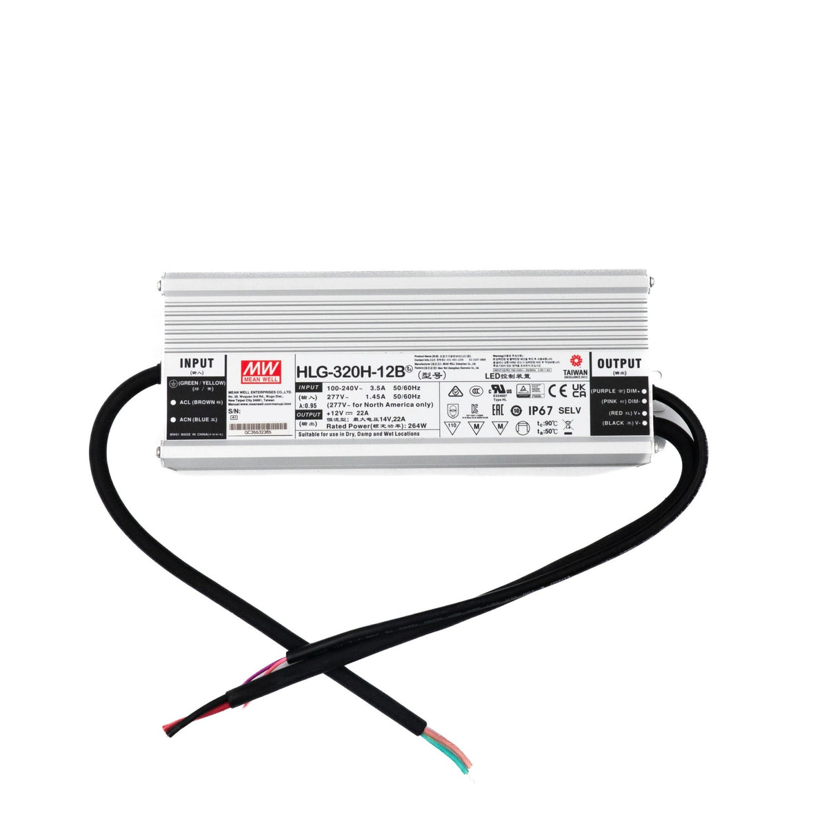 Mean Well HLG-320H-12B Power Supply 264W 12V - Dimmable 22A - HLG-320H-12B - powersupplymall.com