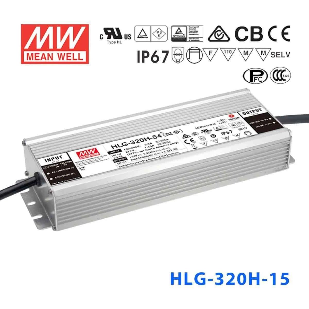 Mean Well HLG-320H-15 Power Supply 285W 15V 19A - HLG-320H-15 - powersupplymall.com