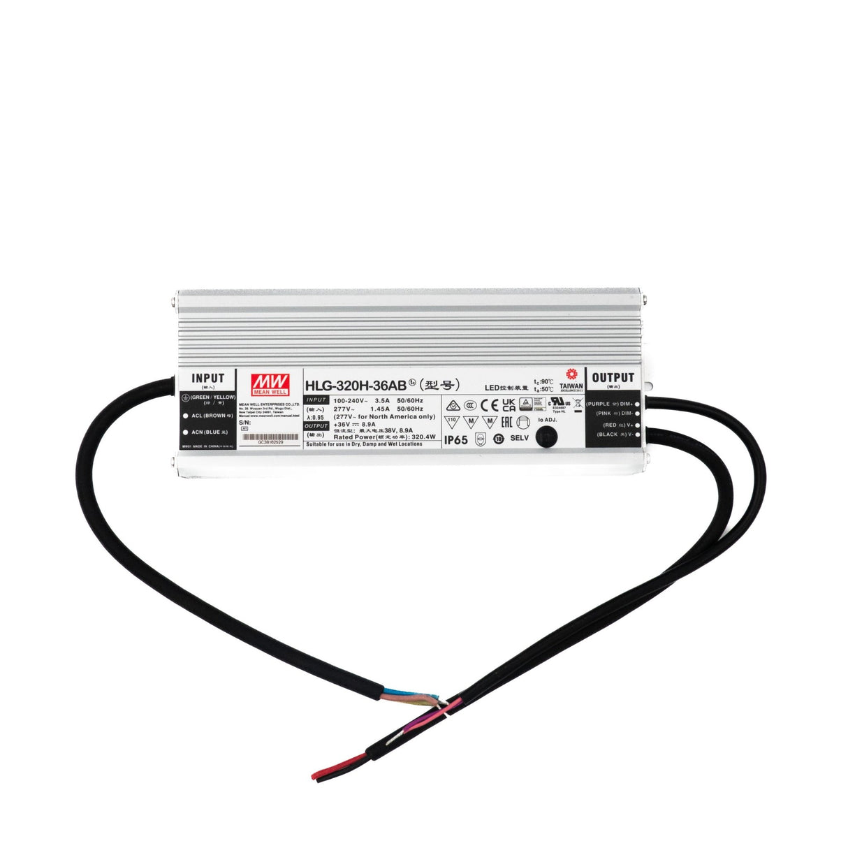 Mean Well HLG-320H-36AB Power Supply 320W 36V - Adjustable and Dimmable 8.9A - HLG-320H-36AB - powersupplymall.com