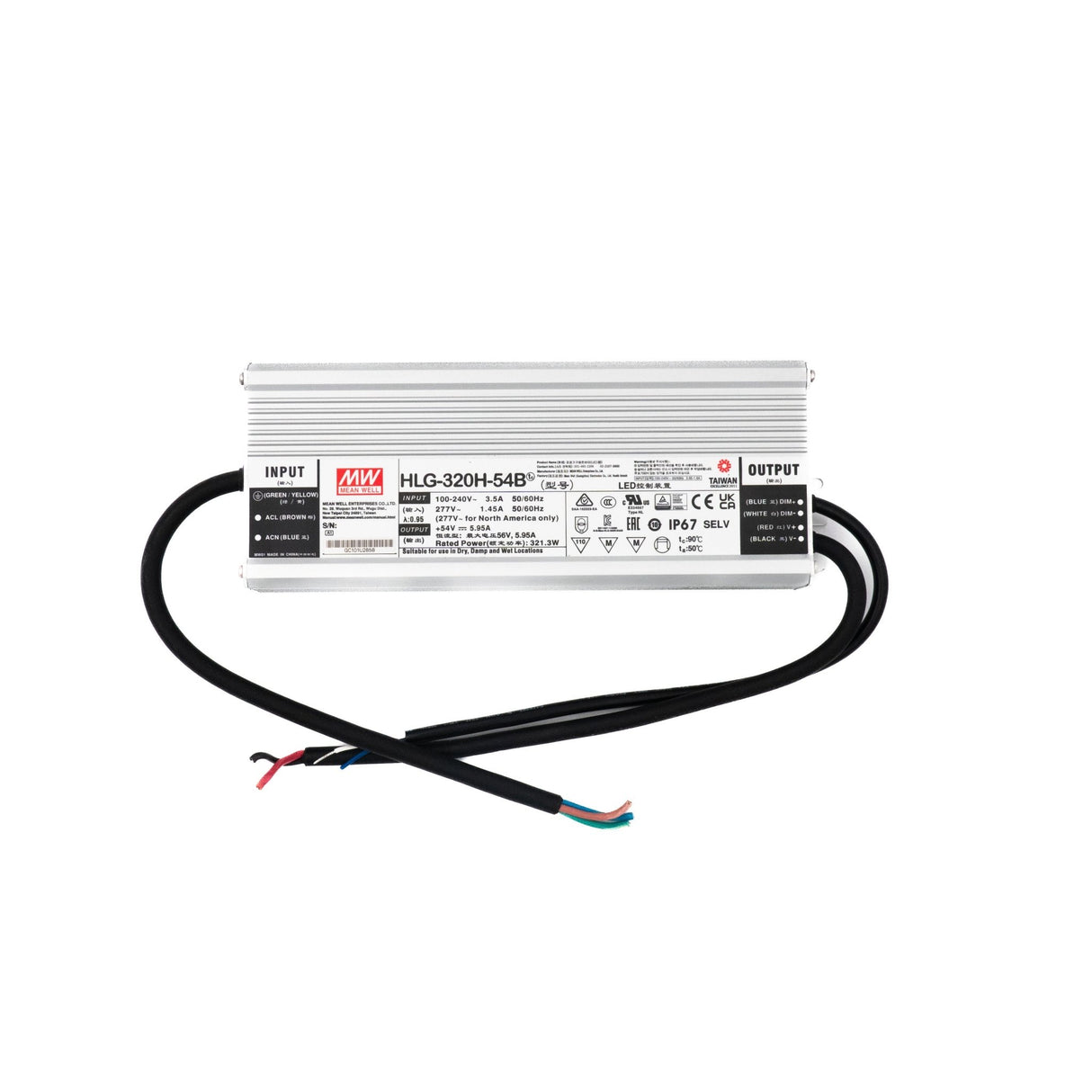 Mean Well HLG-320H-54B Power Supply 320W 54V- Dimmable 5.95A - HLG-320H-54B - powersupplymall.com