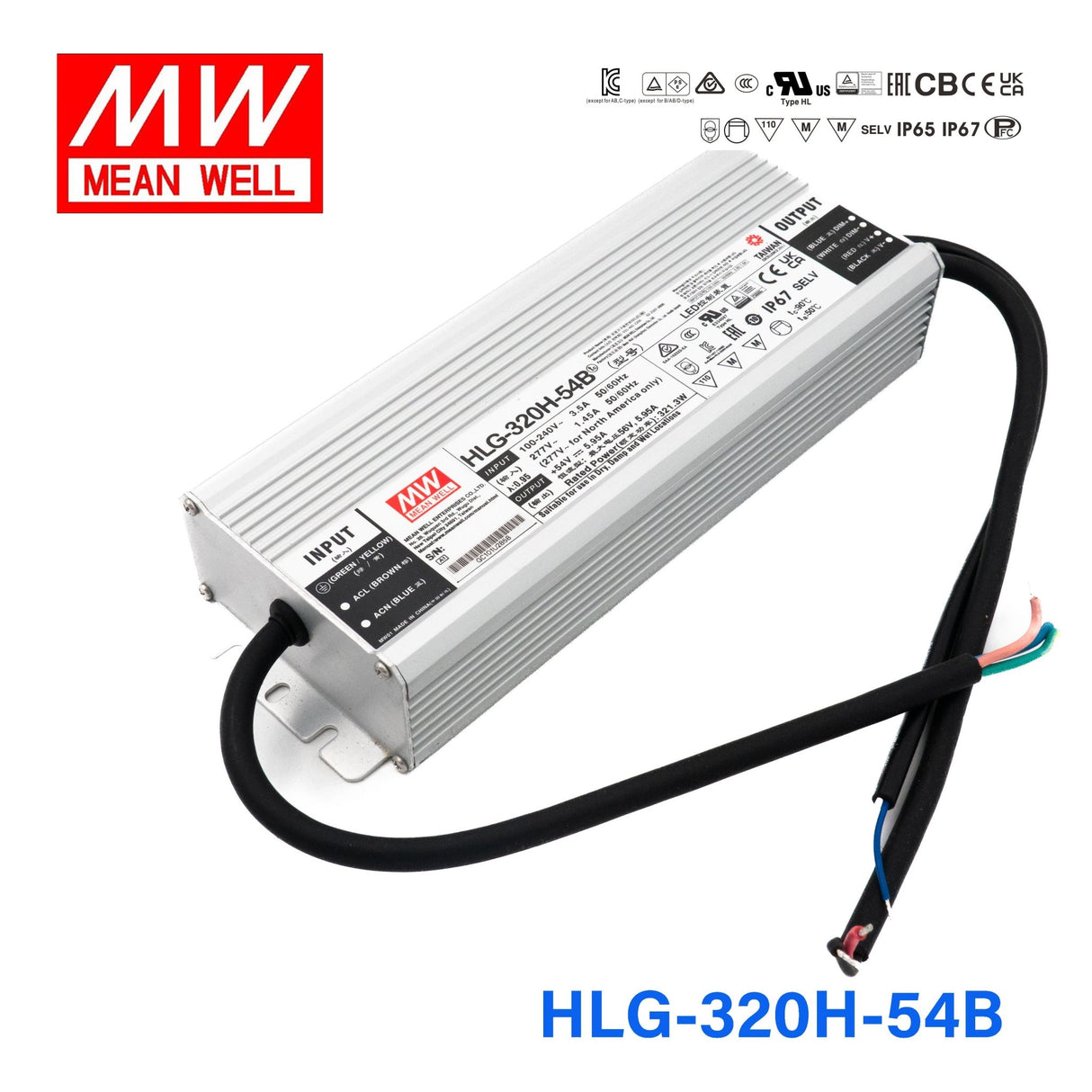 Mean Well HLG-320H-54B Power Supply 320W 54V- Dimmable 5.95A - HLG-320H-54B - powersupplymall.com