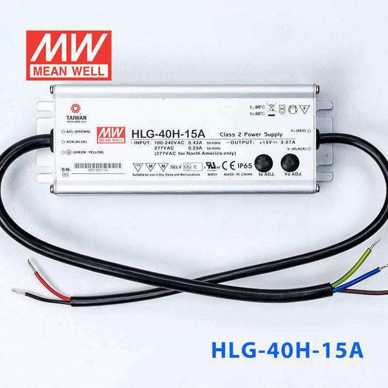Mean Well HLG-40H-15A Power Supply 40W 15V - Adjustable 2.67A - HLG-40H-15A - powersupplymall.com