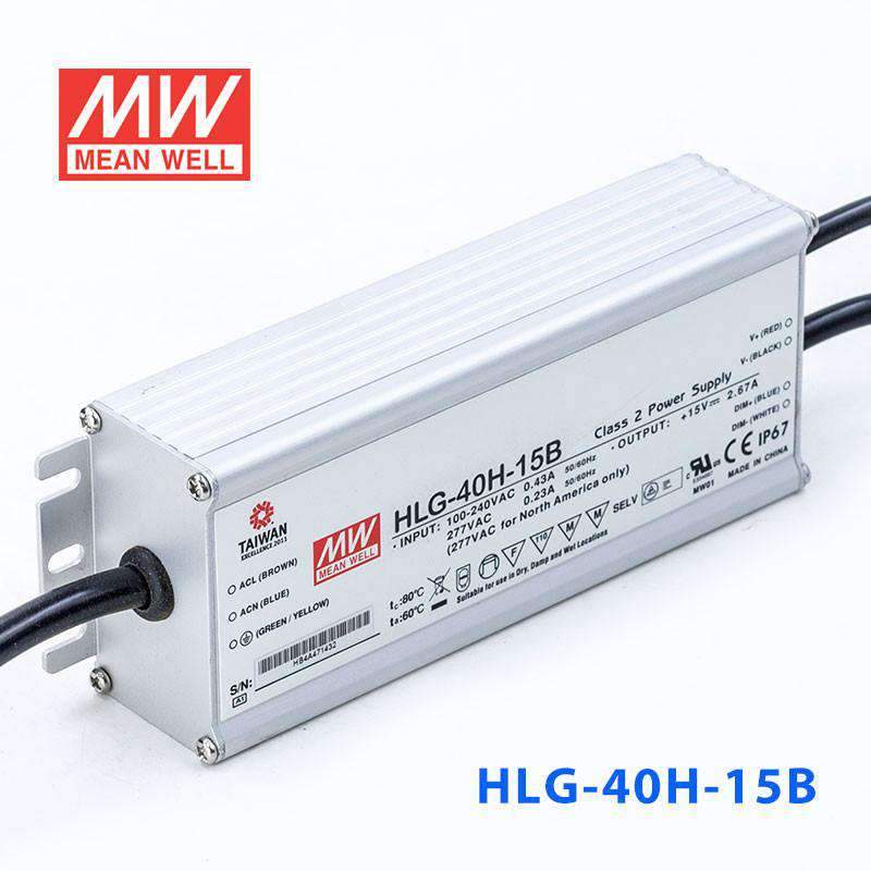 Mean Well HLG - 40H - 15B Power Supply 40W 15V - Dimmable - HLG-40H-15B - powersupplymall.com