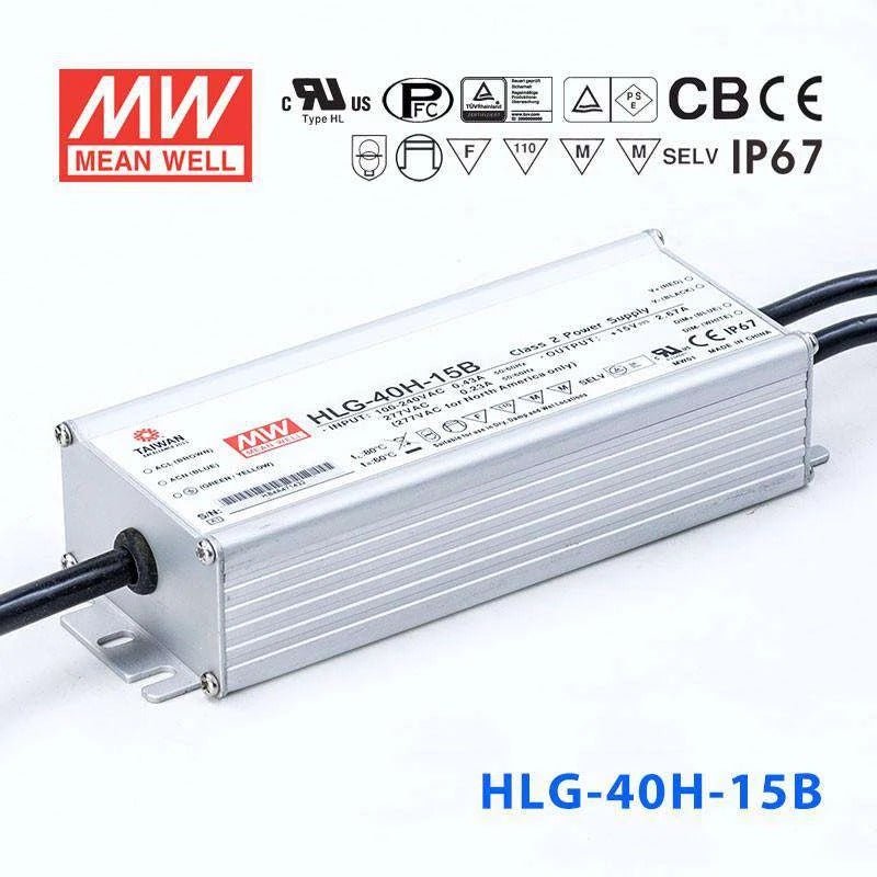 Mean Well HLG-40H-15B Power Supply 40W 15V - Dimmable 2.67A - HLG-40H-15B - powersupplymall.com
