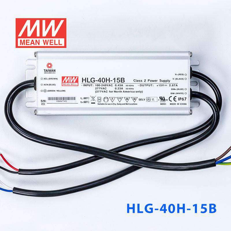 Mean Well HLG - 40H - 15B Power Supply 40W 15V - Dimmable - HLG-40H-15B - powersupplymall.com