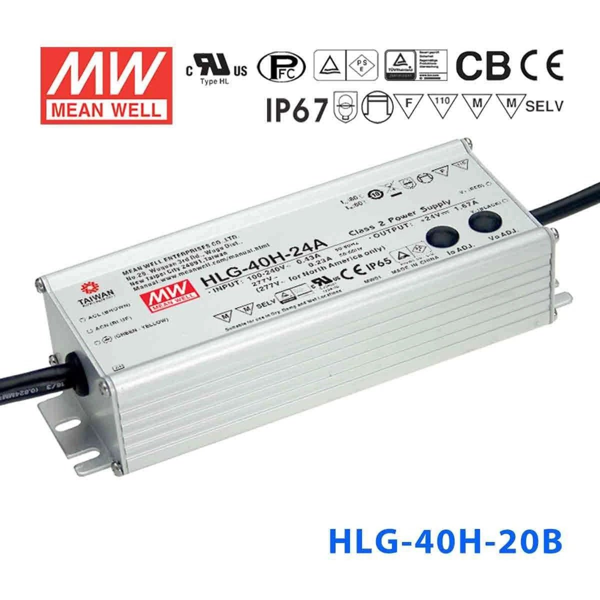Mean Well HLG-40H-20B Power Supply 40W 20V - Dimmable 2A - HLG-40H-20B - powersupplymall.com