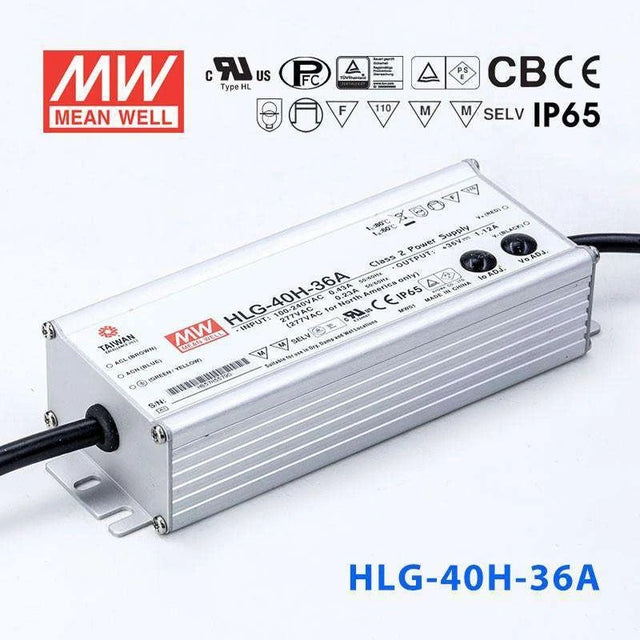 Mean Well HLG-40H-36A Power Supply 40W 36V - Adjustable 1.12A - HLG-40H-36A - powersupplymall.com