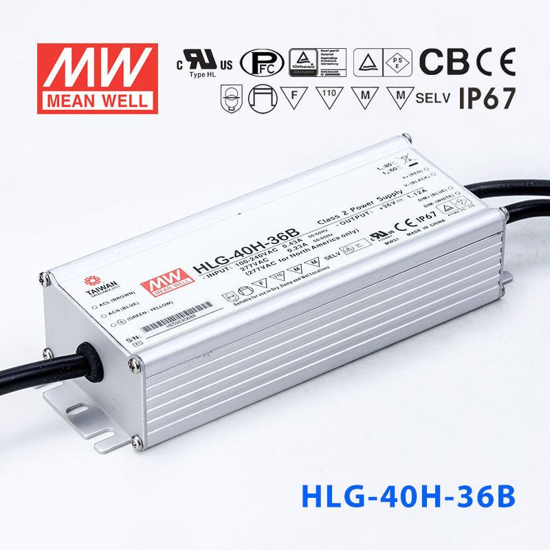 Mean Well HLG-40H-36AB Power Supply 40W 36V - Adjustable and Dimmable 1.12A - HLG-40H-36AB - powersupplymall.com