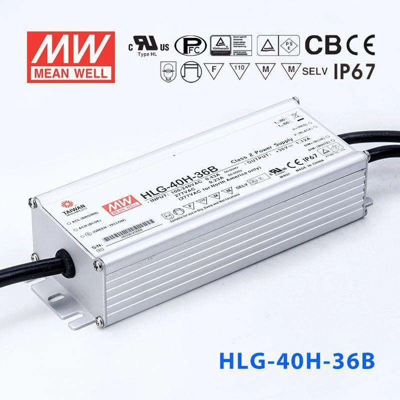 Mean Well HLG-40H-36B Power Supply 40W 36V - Dimmable 1.12A - HLG-40H-36B - powersupplymall.com