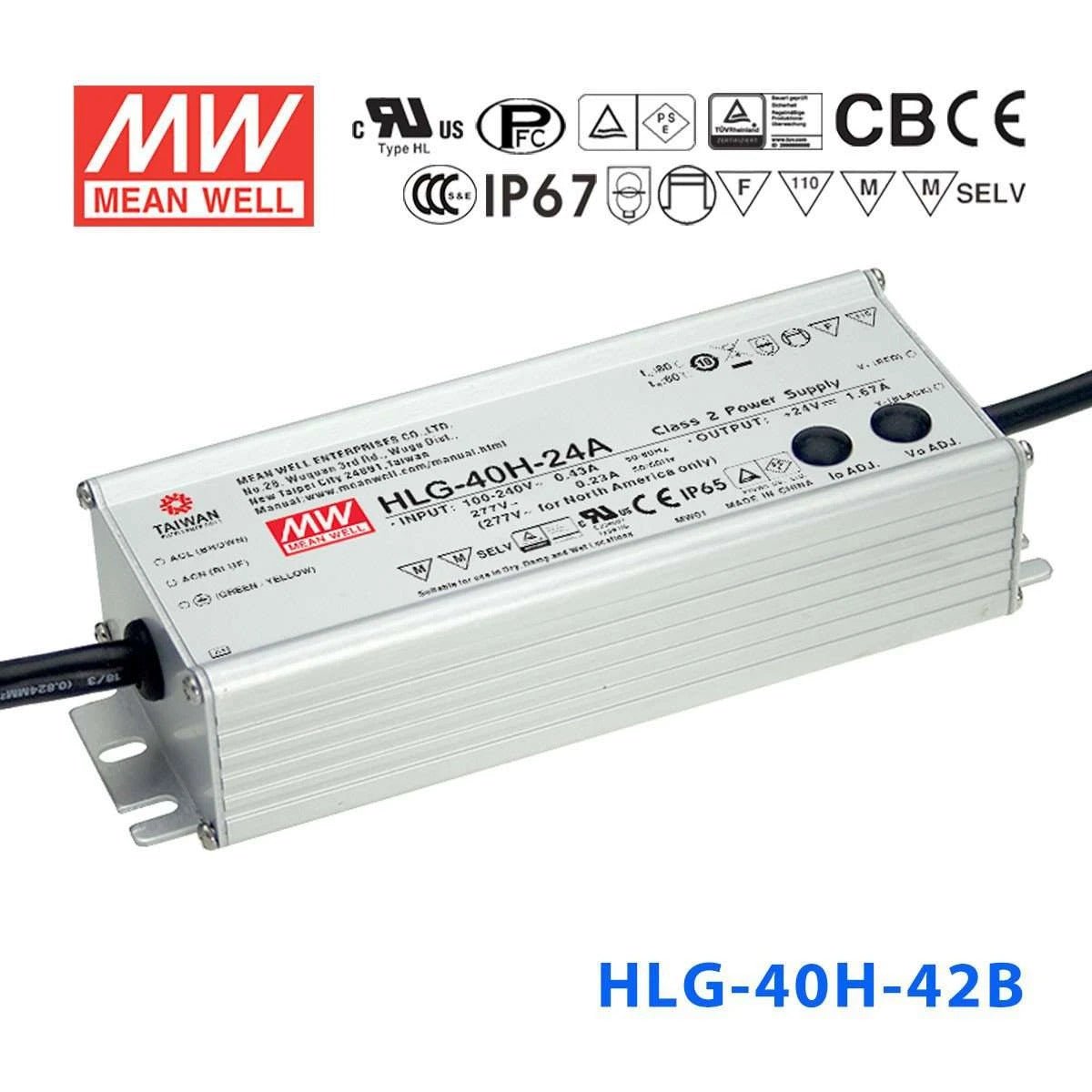 Mean Well HLG-40H-42B Power Supply 40W 42V - Dimmable 960mA - HLG-40H-42B - powersupplymall.com
