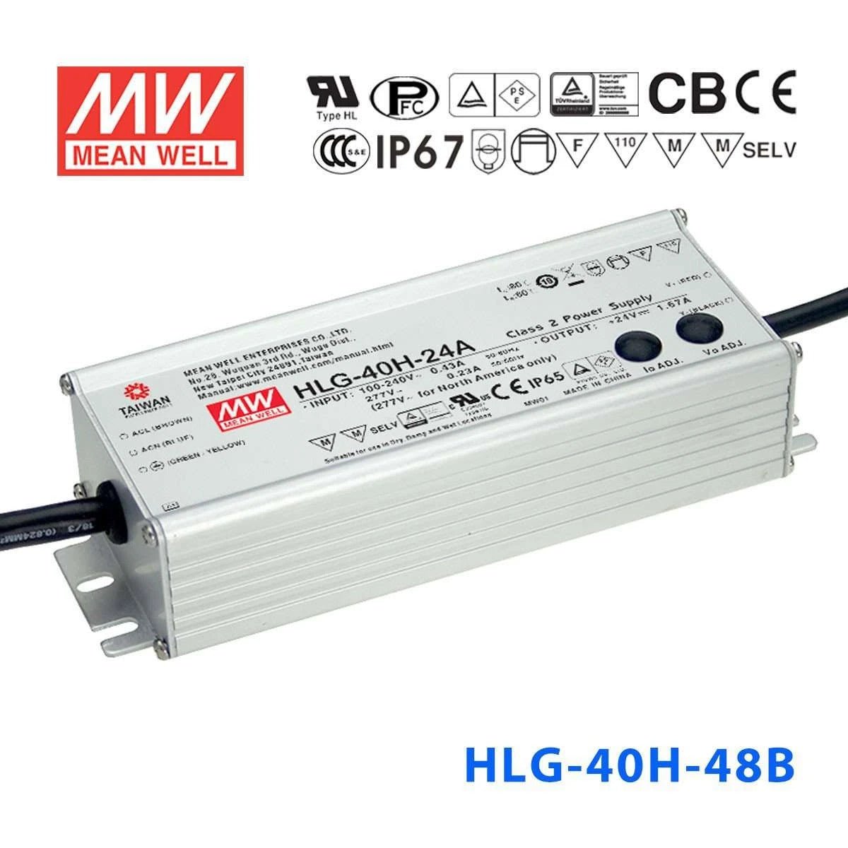 Mean Well HLG-40H-48B Power Supply 40W 48V - Dimmable 840mA - HLG-40H-48B - powersupplymall.com