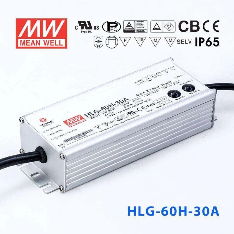 Mean Well HLG-60H-30A Power Supply 60W 30V - Adjustable 2A - HLG-60H-30A - powersupplymall.com