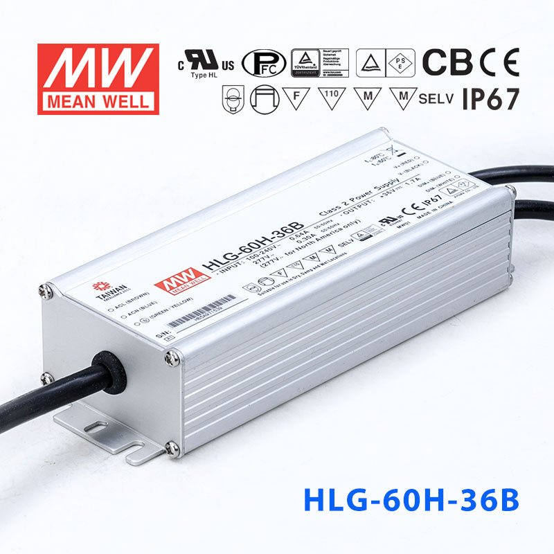 Mean Well HLG-60H-36AB Power Supply 60W 36V - Adjustable and Dimmable 1.7A - HLG-60H-36AB - powersupplymall.com